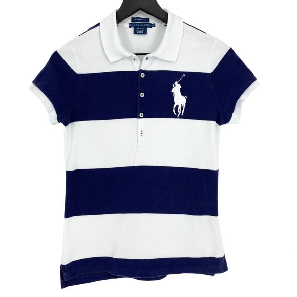 VTG RALPH LAUREN The Skinny Polo Big Pony Navy and White Stripe Shirt - Picture 2 of 15